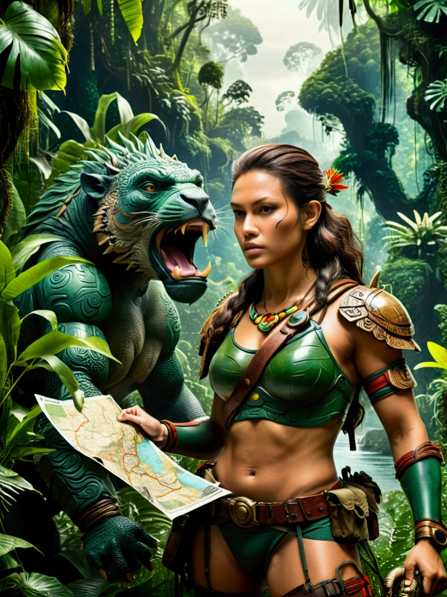 Bold, Female warrior in expedition gear, Holding a map, looking for unknown civilization in the dense forest, A tropical island with lush forests and unknown dangers as the background, On the right side of the picture is a huge jungle creature hidden in the dense vegetation.,Looming,Very dangerous,(masterpiece, best quality, professional, Perfect composition, very aesthetic, Extremely detailed, Intricate details:1.3)