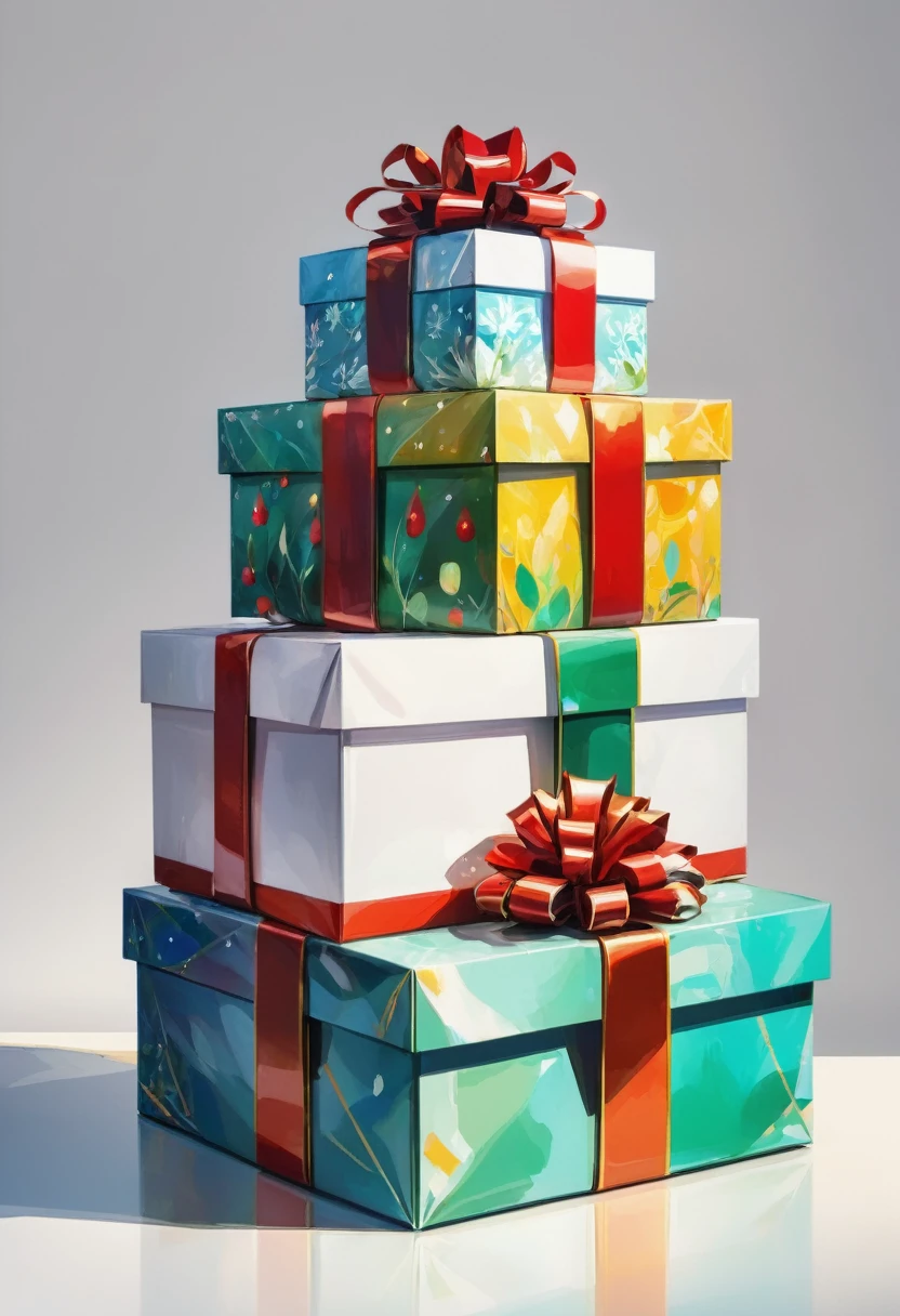 4 Christmas gift boxes stacked together，Colored painting，HD，White background，8k，超HD画质，Masterpiece，Natural texture，Elegant and clear lines，