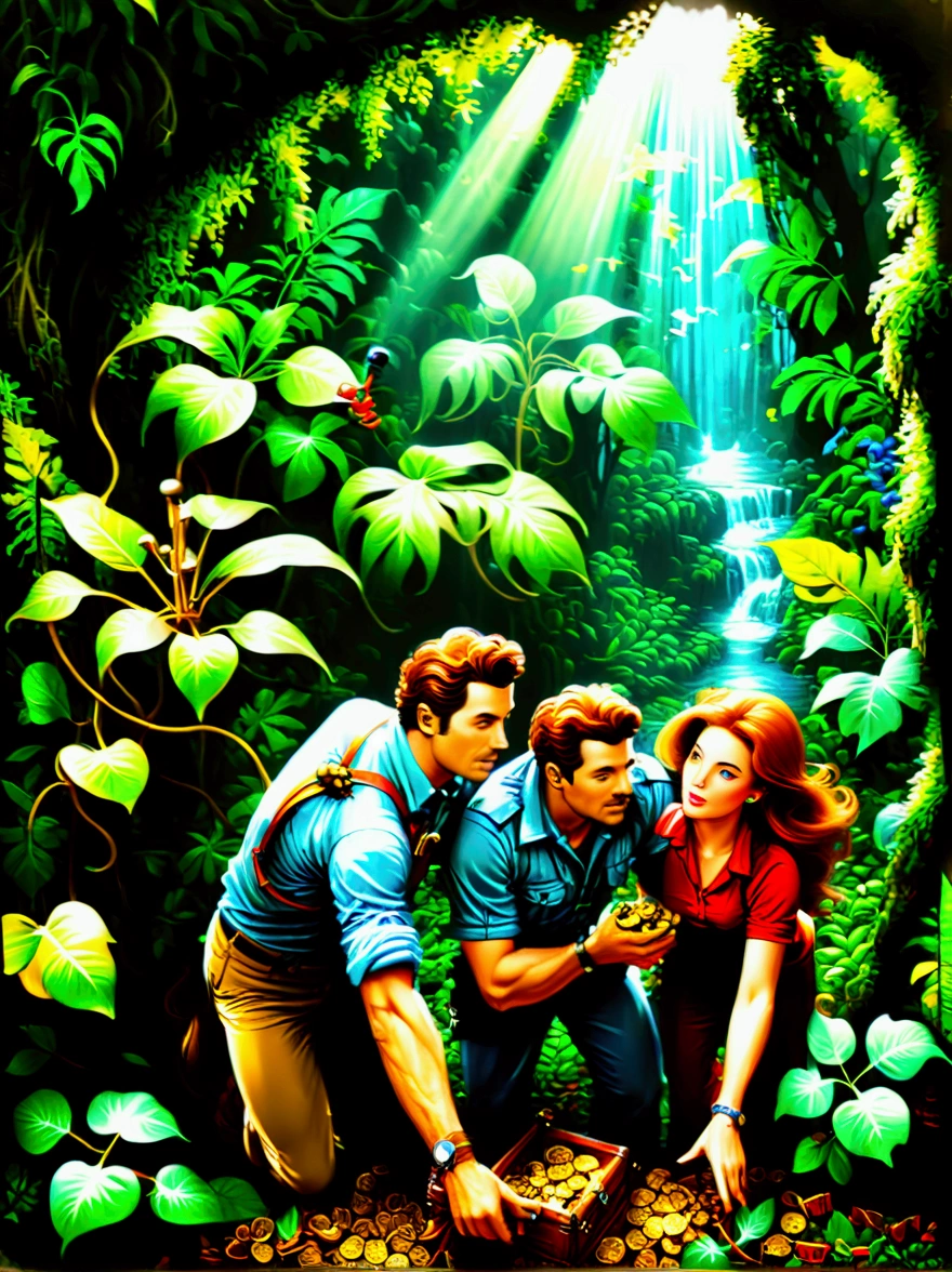 Imagine a colorful jungle adventure scene。(A man and a woman:1.9),(Both are explorers.,Searching for treasure in the jungle:1.9),They are surrounded by lush green foliage and colorful exotic flowers.。A brightly colored parrot perched nearby,Bright blue sky in the background can be seen through the jungle canopy,A fast-flowing river runs through the land,The river water sparkles in the tropical sun,This picture should sum up the excitement and beauty of exploring the tropical jungle.