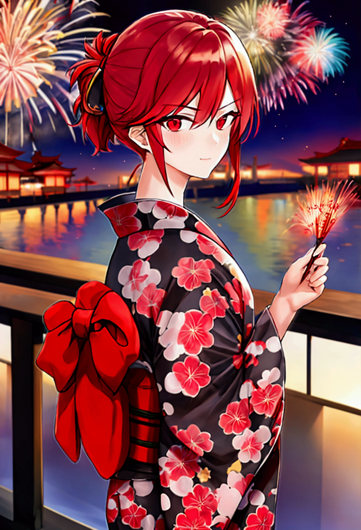 male, Red hair, kimono, night, firework, Red Eye, ephemeral, Black yukata