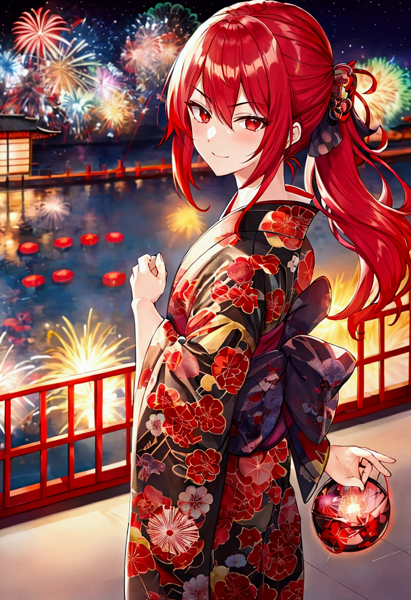 male, Red hair, kimono, night, firework, Red Eye, ephemeral, Black yukata
