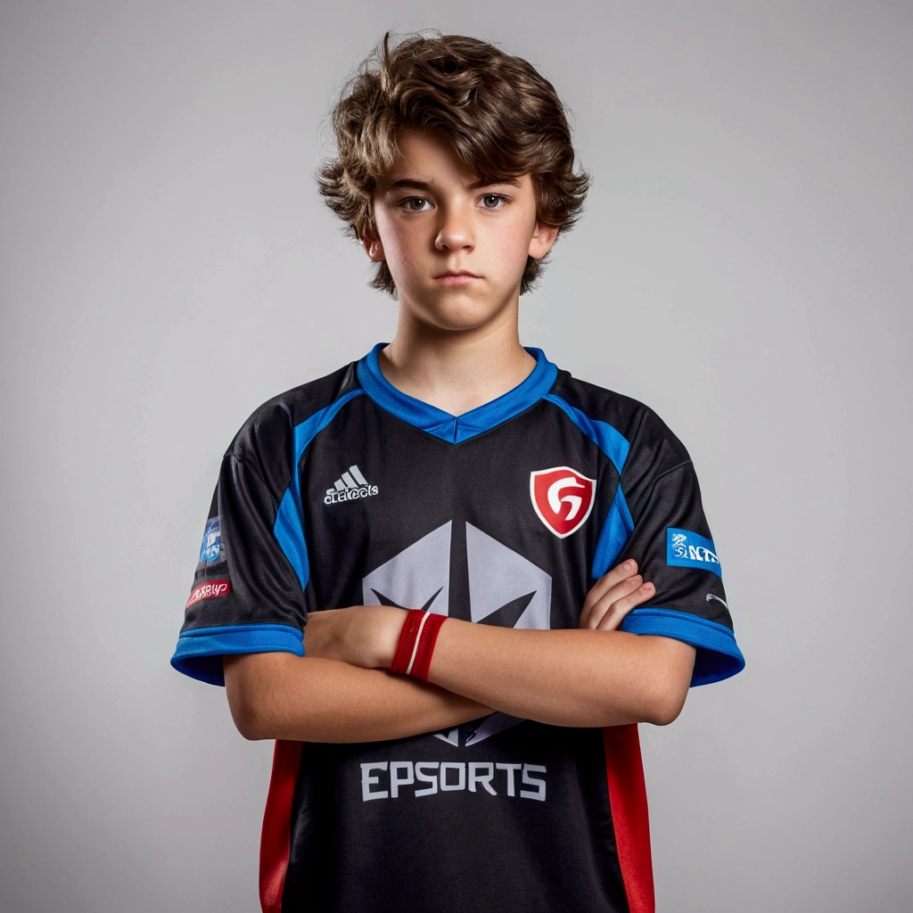 Generate a realistic image of a teenage boy eSports player standing up. He has short, messy hair, has a focused expression on his face. He’s dressed in a branded eSports team jersey, with logos and a gamer tag visible. He should be holding a gaming controller in his hands. The background should be plain white, ensuring the focus remains on the player."