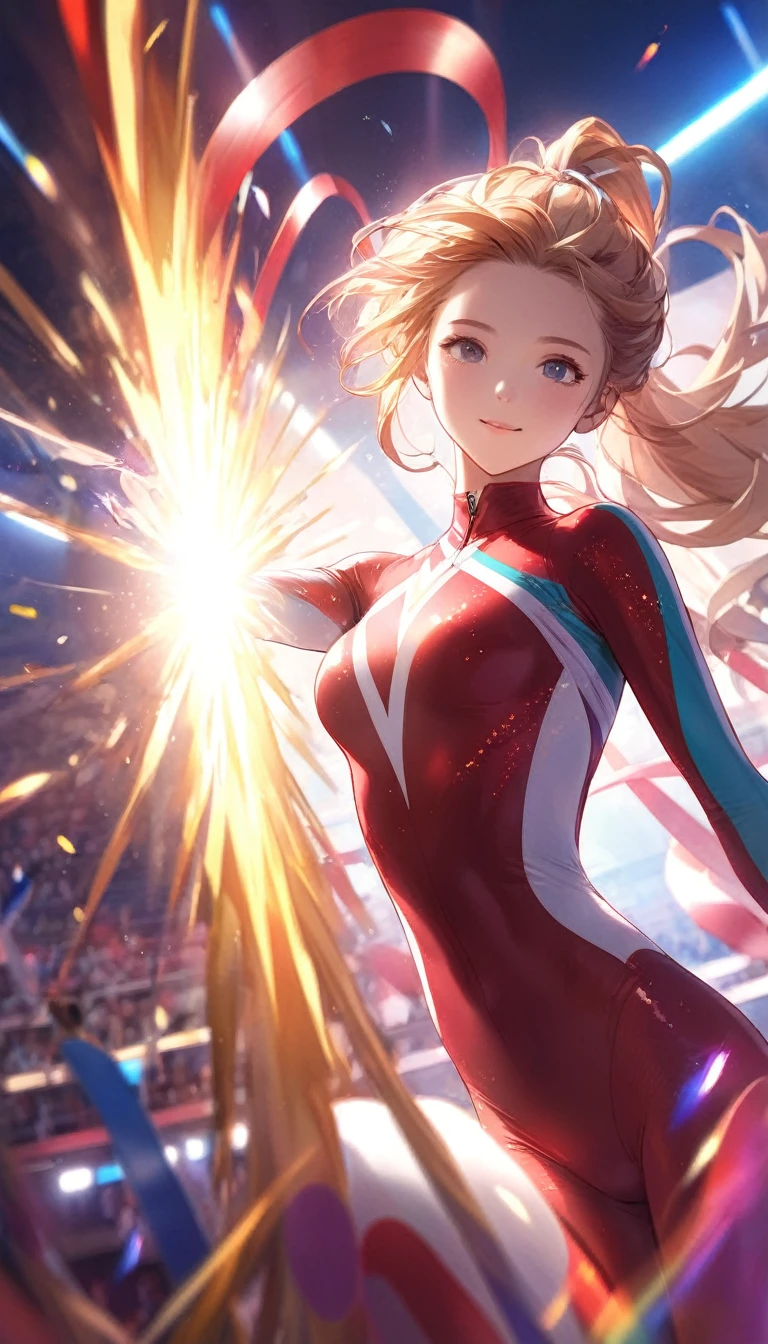 High targetquality illustration, masterpiece, Very delicate and beautiful, Attractive girl,(Gymnastics jumpsuit,Bodysuit,long_Sleeve jumpsuit,High target_Leg tights,Sports tights), Audience reaction,Thin,Slim身材,Slim,High target school,Gym,Gymnastics Club,beautiful eyes,(masterpiece, best quality:1.2), High targetres, Extremely detailed CG unity 8k wallpaper, Perfect lighting, rich and colorful, ultra-High target res,4K,Extremely detailed, photography, 8K, HDR,  17 Ages,Cowboy shooting,