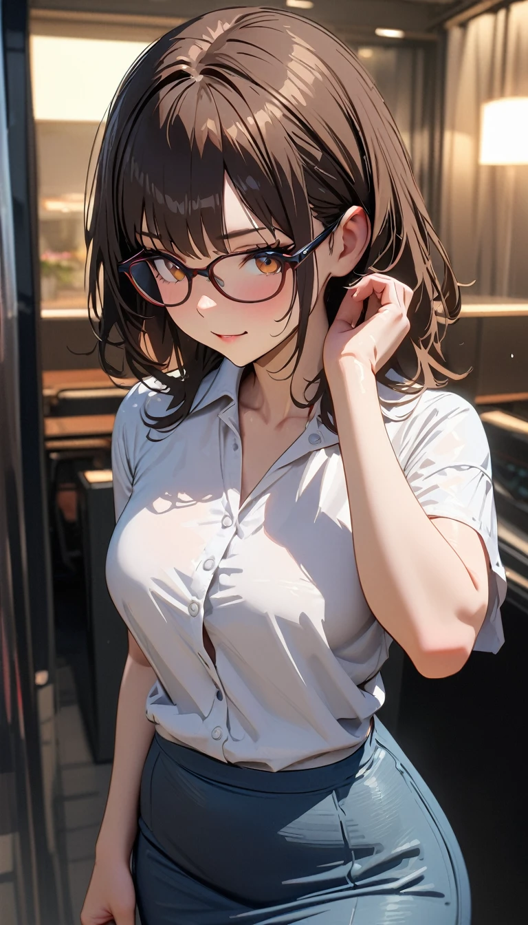 high resolution, Beautiful woman photo details_Face, Young and handsome girl,Practical:0.5, Perfect skin, (wear glasses:1.5), (ultra-Detailed background, Detailed background), Bokeh, Make a happy expression, happy emotion, Gorgeous,pure, beautyfull detailed Face and eyes,breast, (black eyes:1.1), (Audrey Hepburn:1.3), (Very beautiful Japanese woman), (Sexy Girls), (business attire:1.3), (22 years old: 1.1), rest, (blue turtleneck:1.2, Long sleeve:1.2), (Beige pleated skirt:1.2), (Leather Boots))), cleveage, Beautiful and smooth skin, (Lovely:1.2), (金hair), ((Japanese Pop Idol)), (Upper Thigh:0.6), (Depth of Field),Soft Light, Lens Glow Looking at the audience, (Drooping eyes:1.2), Straight teeth,Smile, 飘逸的hair, (blond:1.2), brown eyes rest movie scene, Movie, Full color, 4K, 8K, 16K, RAW photos, masterpiece, Professional color grading, Professional photography, High school girl, hair, , Soft and clean focus, Practical lighting and shading, (Extremely exquisite and beautiful art)1.3, elegant,Activity Angle,dynamism pose rest (Ponytail:1.3), (乌黑亮丽的稀疏hair:1.2), Bangs, Dark brown eyes, beautiful eyes, Princess Eyes, (big eyes:1.3), Bangs, wear glasses:1.3, 两眼之间的hair, short hair:1.3, (slim:1.1), (medium-breast:0.95), (Thin waist: 1.15), (Detail of beautiful girl: 1.4), Open your mouth, Red lips, full-make-up Face, (Glowing skin), ((Perfect female body)), (Upper body pictures:1.3), Perfect anatomical structure, Perfect proportion, (most beautiful Korean actress Face:1.3, extremely Lovely and beautiful Japanese actress Face:1.3), ,(1 glasses girl:1.3, Solitary), ,(Face红:1.1), Gray background, Solitary focus, (Half-length photo:1.2), Movie light, (Nostalgic night view:1.4), (aquarium:1.4), The brilliant glow of neon lights, Huge aquarium、Marine Life、shark、blue whale、Manta Ray、 (Put your hands behind your back :1.4), (Looking at the audience:1.2,Sideways,Face left