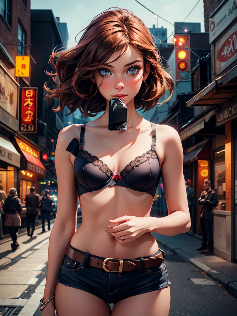 (RAW shooting, Photoreal:1.5, 8K, highest quality, masterpiece, ultra high resolution), perfect dynamic composition:1.2, Night street corner of a modern city, Highly detailed skin and facial textures:1.2, Slim office lady Fair skin, sexy beauty:1.1, perfect style:1.2, beautiful and aesthetic:1.1, very beautiful face,  belt, (Medium chest, Bra is sheer, Chest gap),  (beautiful blue eyes, Eyes that feel beautiful eros:0.8), (Too erotic:0.9, Bewitching:0.9), cowboy shot, 
 sultry look, seductive,
