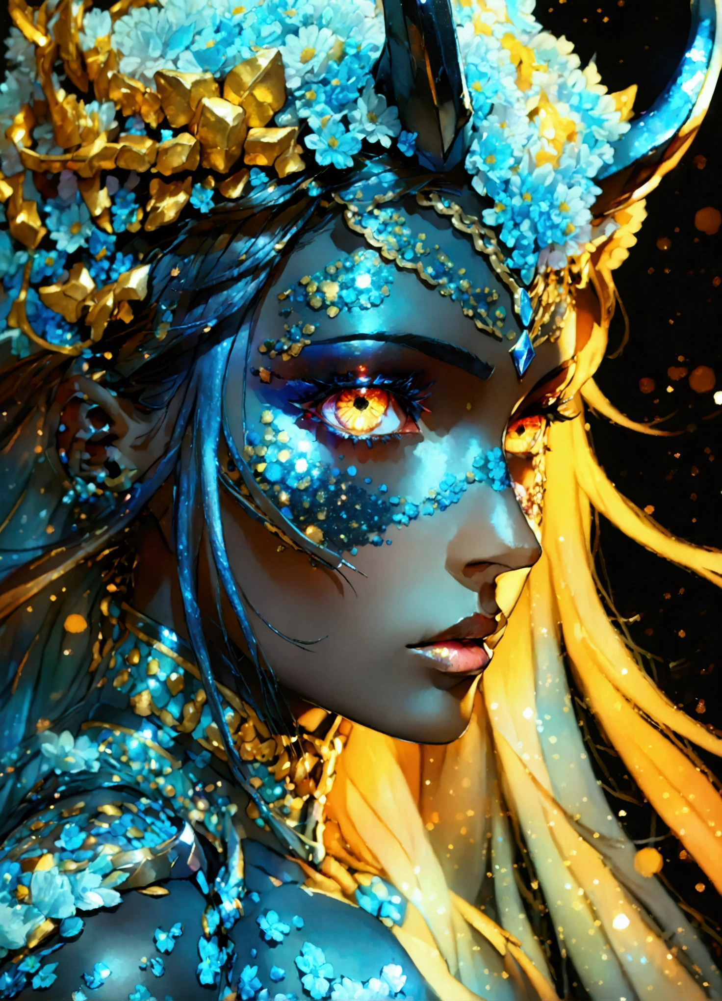 PORTRAIT, only face portrait, macro, a demon battle angel portrait, beautiful white skin with sparkles and glitter, long long hair with red skulls on hair, shiny and lightening eyes, cosmos eyes, next to a cobra, highly detailed fur (vectorized) yellow lightening eyes, detailed skin, image is compelling with dynamic composition and energetic posing. Include many fantasy details such as bumps, phantasmal iridescence, glitter, galaxy, cosmos, ((dark celestialskin body, void cosmic body)), (((dark background))), (((lights off))), (((hollywood dark))), horror, dramatic shadows, (in a dark fantasy space:1.3, glitter, sparkle, gleam) vector digital illustration, (black background:1.5)sharp