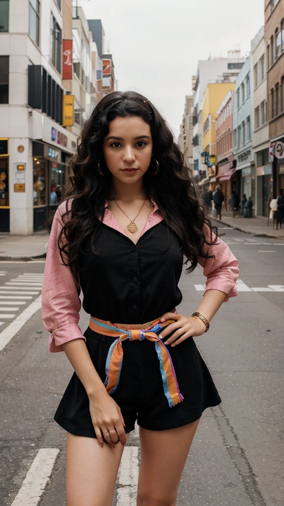 Girl standing, full black curly hair, wearing 1970's outfit, center of street, colorful, accessories,