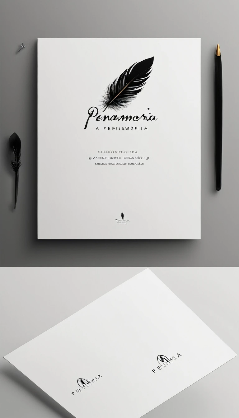 A minimal, modern, simple, cinematic logo design for the brand “Penamemoria". Create a modern, minimalistic, high-quality, logo of a feather that convey a sense of memories and dreams
