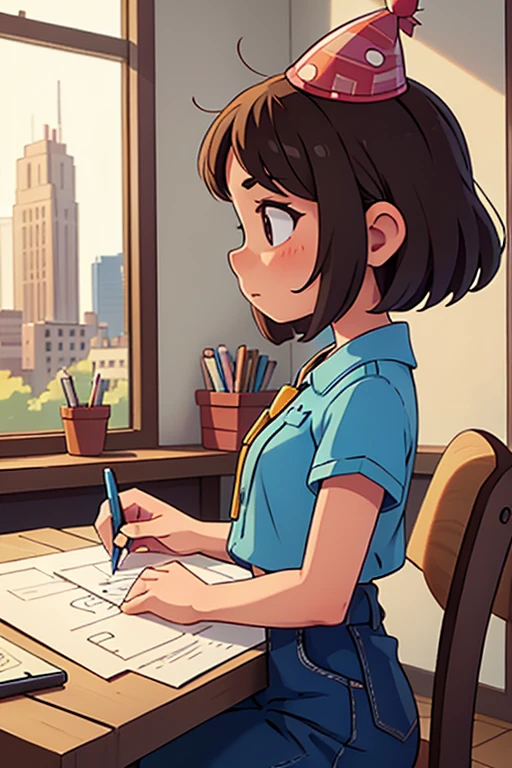 1girl, drawing, archtecture, short hair, side view, birthday hat, brunette