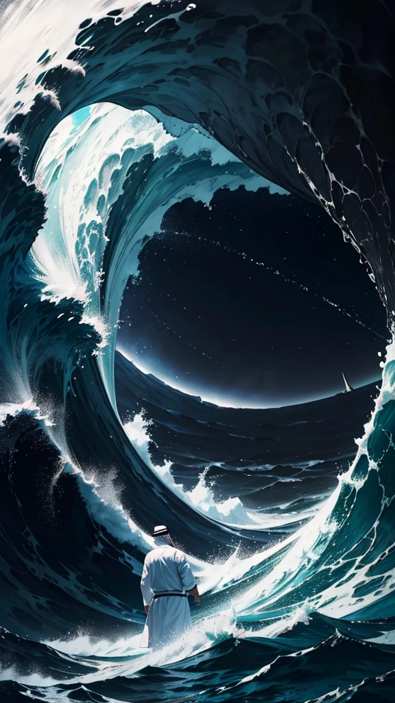 An arabic man with white clothes adrift in middle a sea. Storm everywhere. Dark sky. Big waves.