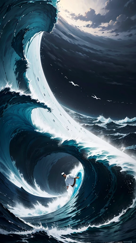 An arabic man with white clothes adrift in middle a sea. Storm everywhere. Dark sky. Big waves.