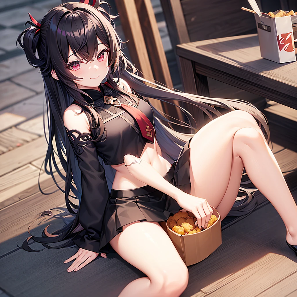 , masterpiece, best quality, miniskirt, (black and thin underwear), (open skirt), smile, smiley face, sitting, at the library, evening, solo, crop top, shadow, white shirt, long arms shirts, long shirt, black hair, black skirt, red necktie, Only , sitting and eating KFC, only 2 arms, Sitting with apart, HuTao From Genshin Impact,only 2 legs