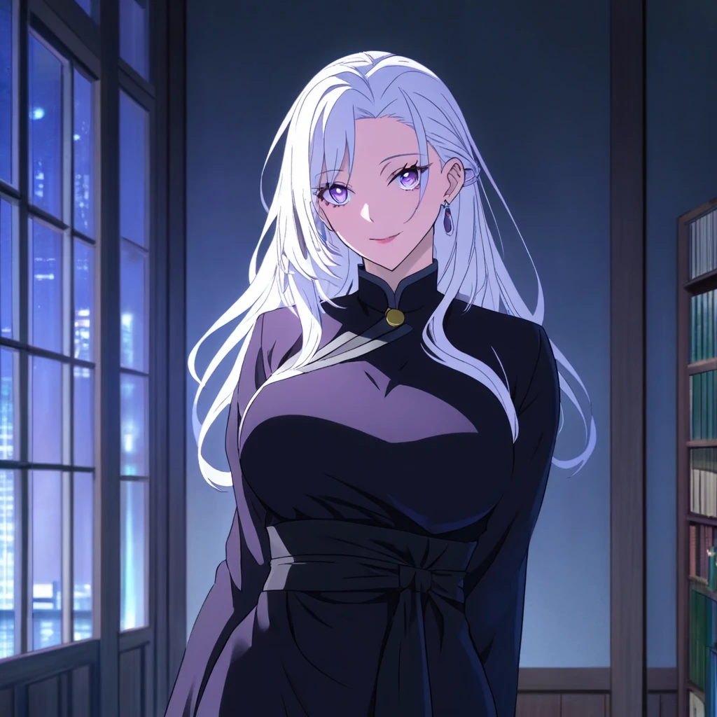 1girl, female gojo satoru, anime screencap from jujutsu kaisen, gojo satoru female version, solo, long_hair, ((purple eyes)) ((White_hair, hair over ear from one side))((slicked hair)) , night view, (hanging breasts) upper_body, smile, indoors, book, lips, (long hair) ((wearing black colour outfit, glossy)) breast, "very detailed and high resolution" (purple eyes) ((solo)) (((front view))) (earings) ((high resolution)) ((good quality)) ((silky hair, hair over ear from one side))((hair slicked)) ((shy))