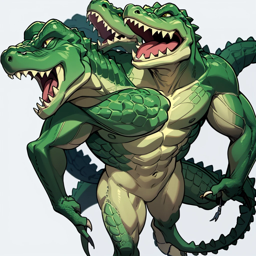 (Full body character concept、group、multiple)、8k、Best illustrations、Best Quality((((No humans)))), reptiles,, green body, Crocodile human, Muscular,、Combat Stance、(Crocodile scales)、From above、(White background)