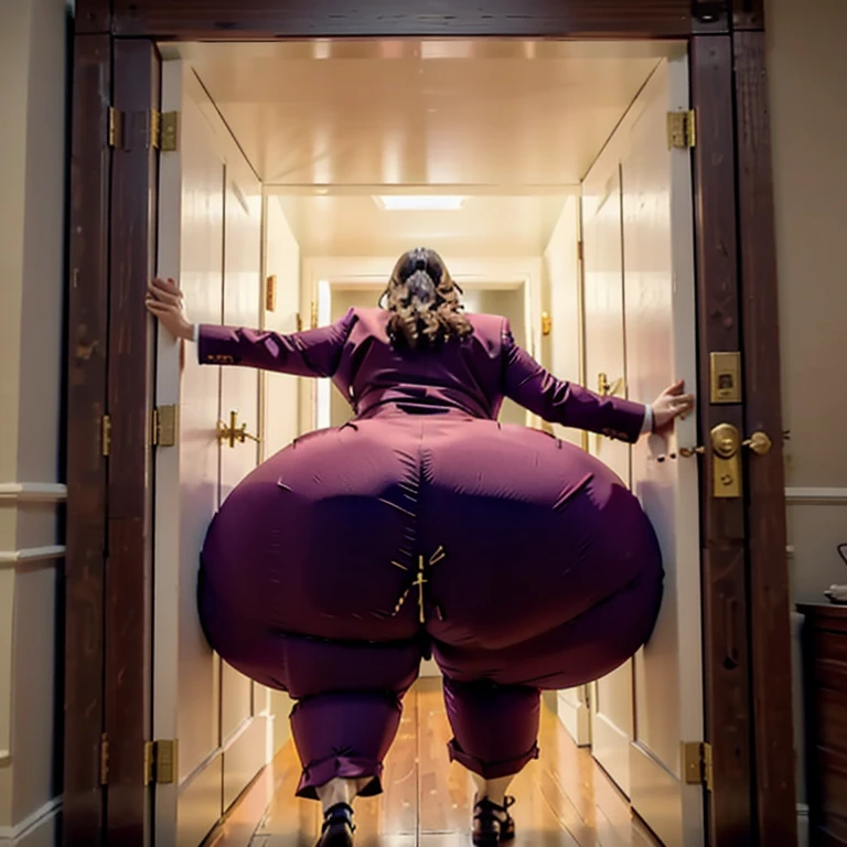 masterpiece, 1girl behind a doorway, from behind, (doorstuck, stuckbehind:1.3), ssbbw ,huge hips, round belly, thick thighs, giant butt,colorful clothing, wearing a maroon red suit and tie and formal pants, upset, desperately trying to wiggle through, she tries to free herself but she won't budge, she is stuck tight view from behind, she is too wide, the doorway is quite narrow too, she kicks her legs furiously, trying to wiggle her hips through the small door, but its no good, the door is too small, she keeps trying to squeeze through with frustration