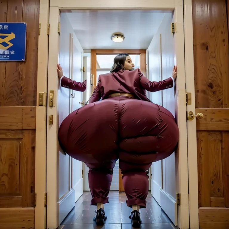 masterpiece, 1girl behind a doorway, from behind, (doorstuck, stuckbehind:1.3), ssbbw ,huge hips, round belly, thick thighs, giant butt,colorful clothing, wearing a maroon red suit and tie and formal pants, upset, desperately trying to wiggle through, she tries to free herself but she won't budge, she is stuck tight view from behind, she is too wide, the doorway is quite narrow too, she kicks her legs furiously, trying to wiggle her hips through the small door, but its no good, the door is too small, she keeps trying to squeeze through with frustration