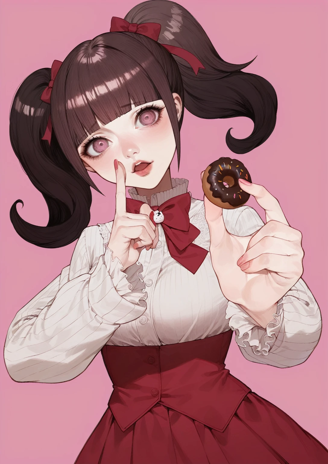 anime girl with a red bow tie holding a chocolate donut, akane owari danganronpa, chiaki nanami from danganronpa, , marin kitagawa fanart, kawaii realistic portrait, digital art from danganronpa, junko enoshima from danganronpa, juri misaki, cute anime girl, junko enoshima