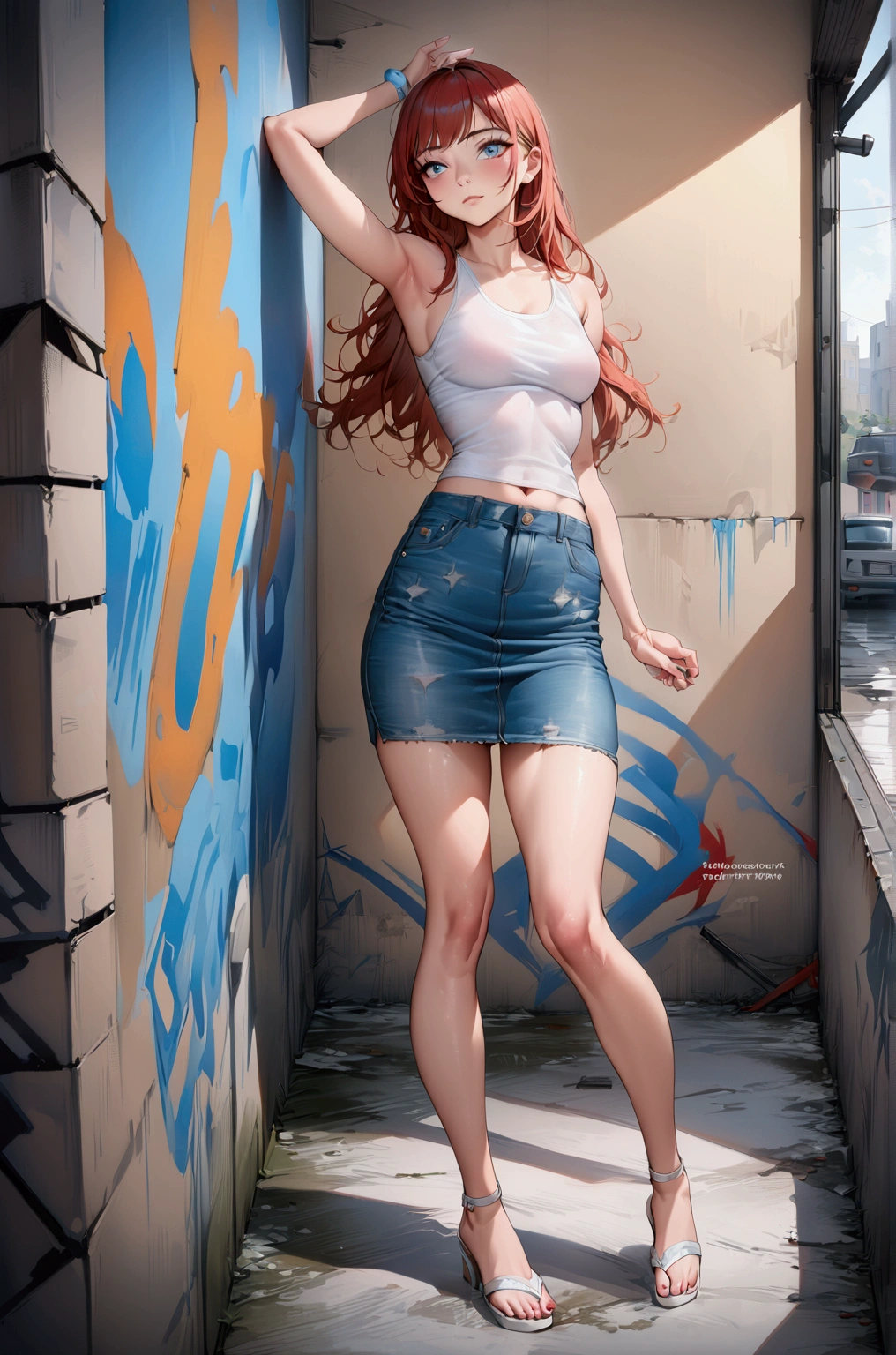 realistic anime illustration of  pretty young  woman standing and leaning against graffiti wall, her elbow touching wall, {she has a black long straight hair and wearing white tanktop, light-blue denim pencil mini skirt and white heel sandals}, (1girl, solo, full body), (masterpiece, best quality, Japanese anime style)