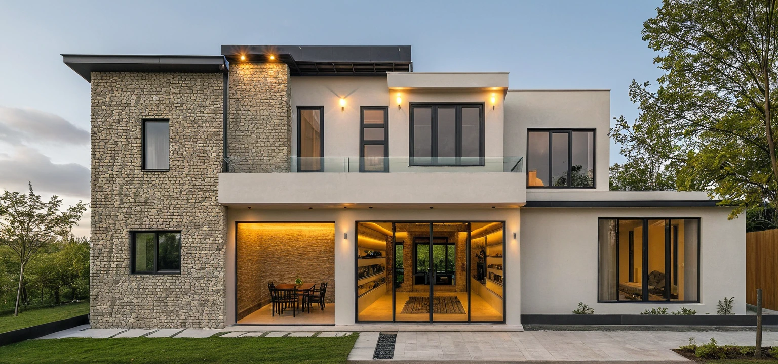 2-storey townhouse, Minimalist architecture, bright house paint color. stone wall accents, There is an iron roof on stone-clad walls. Afternoon light.