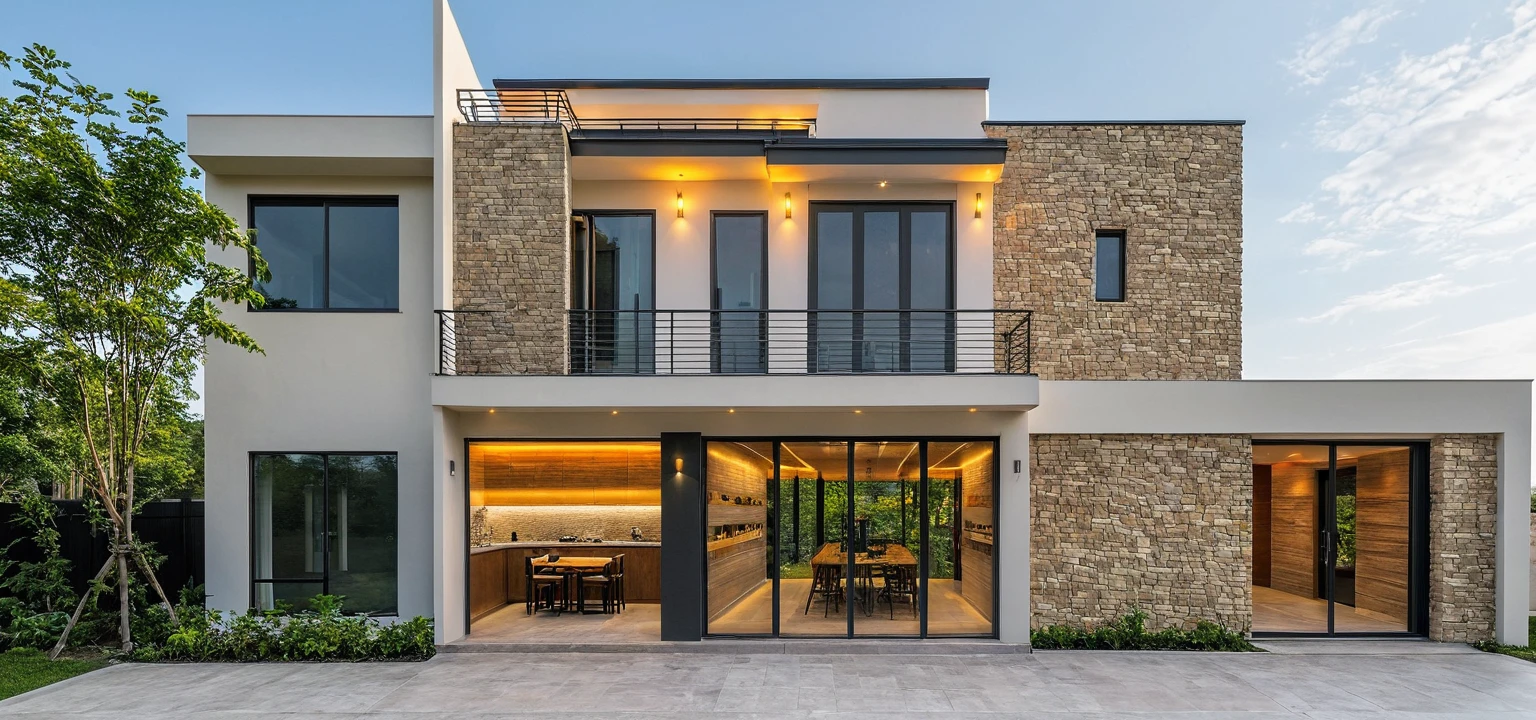 2-storey townhouse, Minimalist architecture, bright house paint color. stone wall accents, There is an iron roof on stone-clad walls. Afternoon light.