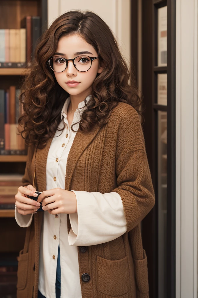 Girl with brown curly hair and black glasses with a book