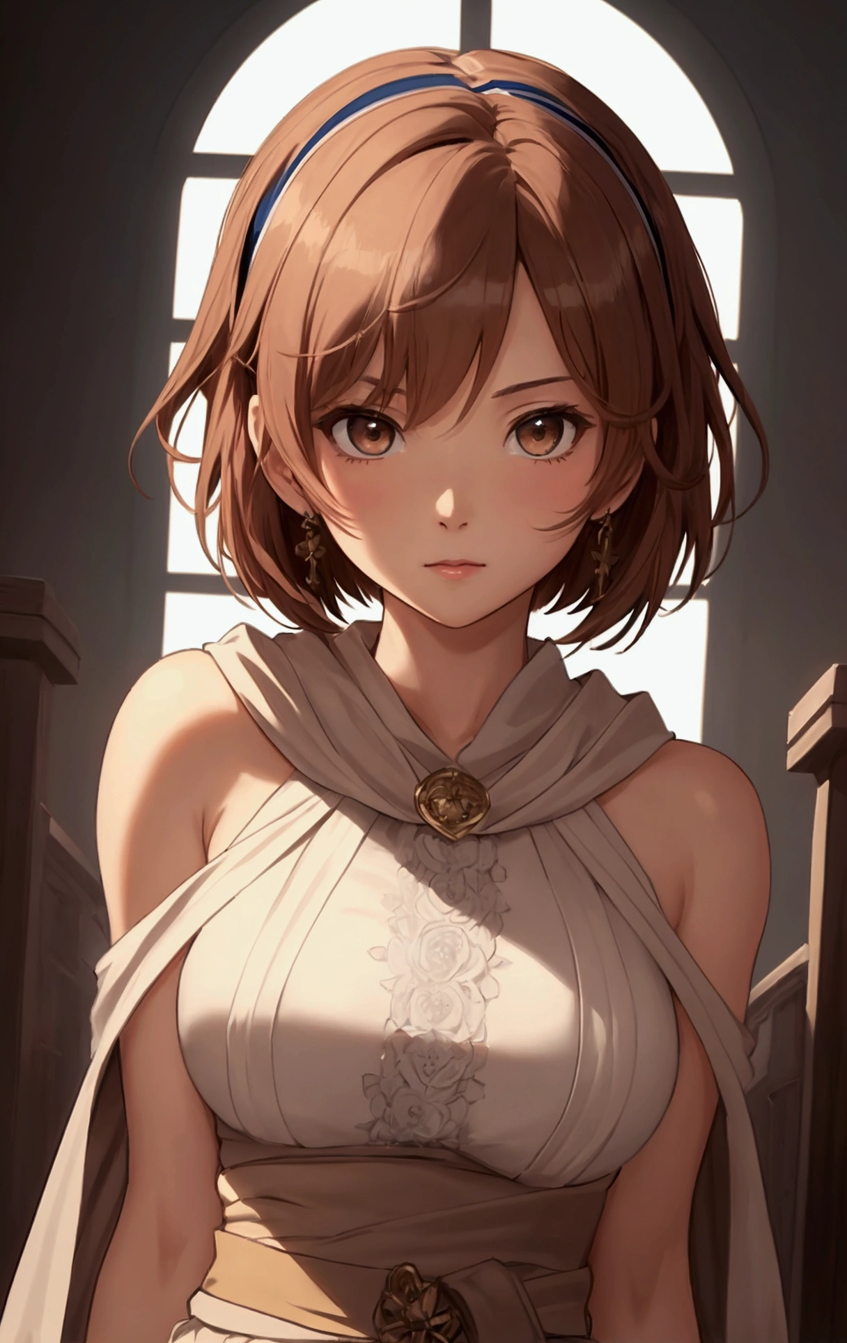 masterpiece), best quality, high resolution Mikoto Misaka Character1girl bob cut medium hair standing alone cowl headband profile image looking at viewer beautiful eyes beautiful face extremely detailed