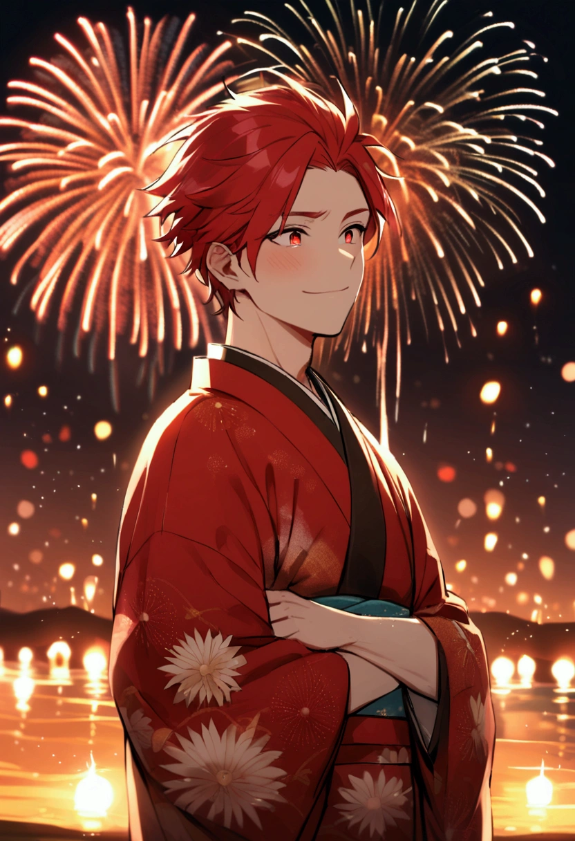 firework, male, Red hair, Red Eye, brother, kimono