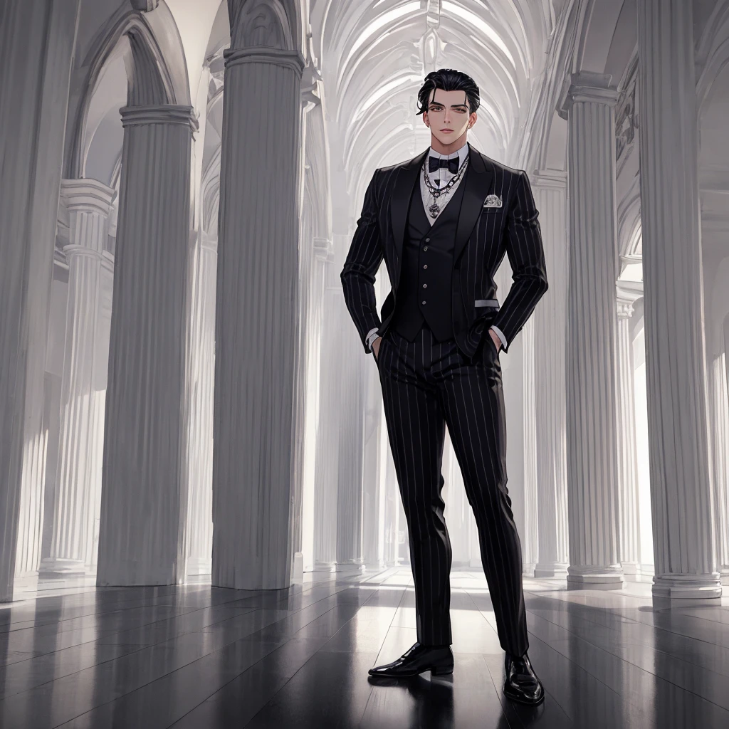 HD, Wallpaper Quality, uber quality, detailed eyes, detailed hair, detailed face, detailed hands, standing, random standing pose, Bigger Build, power lifter Build, Male, man in a butlers outfit, Tuxedo, Slicked back Hair, Black Hair, (((White stripe in hair))), pocket watch, Mansion Background, White floors, Columns,