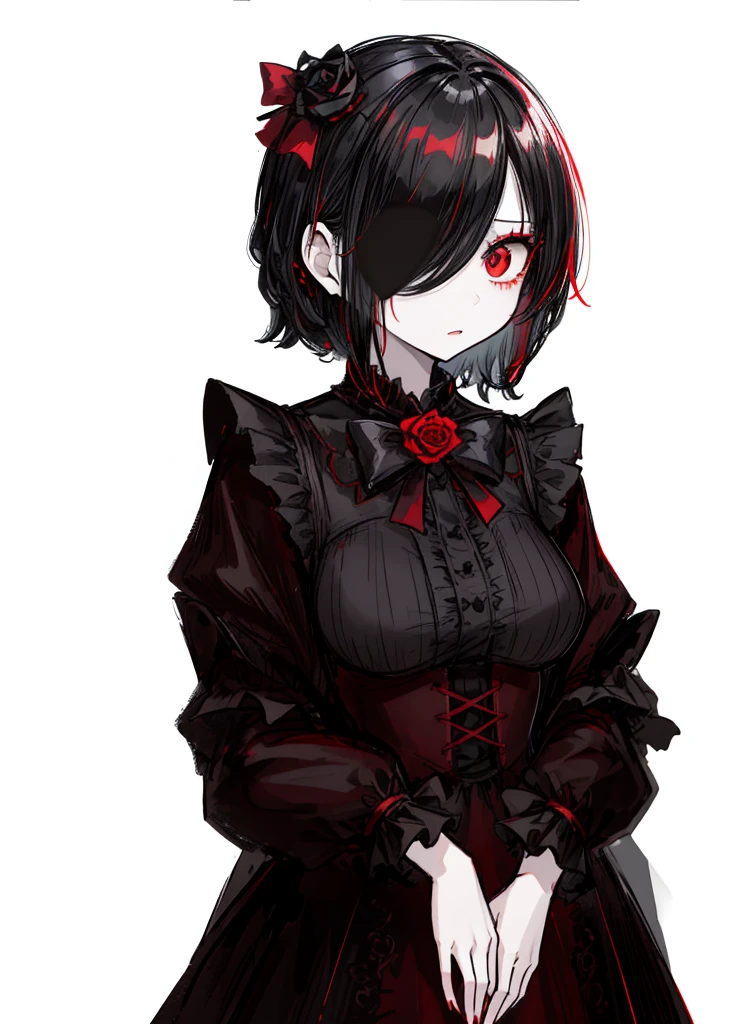 1girl, black hair, (red eye) ,red rose, Red bow, black noble dress ,pale skin,
(high resolution, high detail, best quality), mysterious, elegant