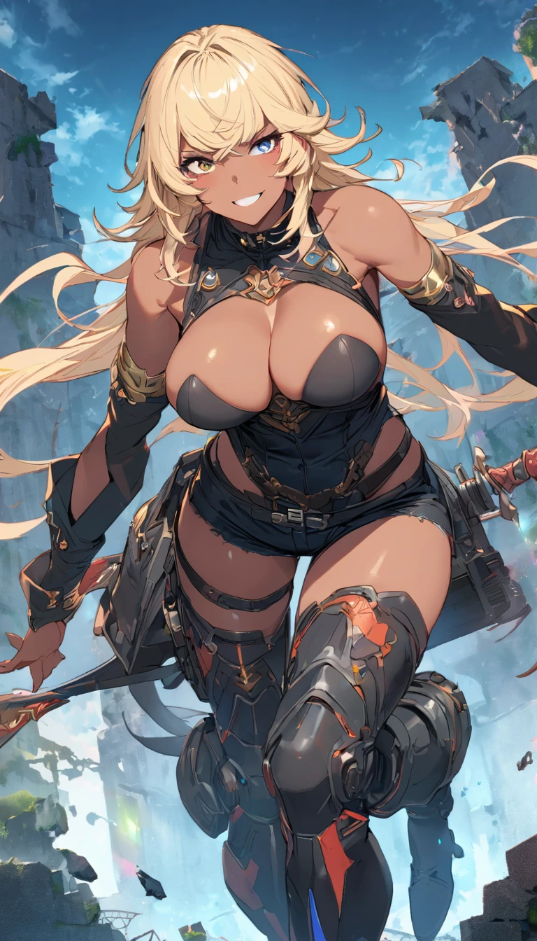best quality,4k,8k,highres,masterpiece:1.2),ultra-detailed, extremely detailed eyes, extremely detailed body, (large masterpiece digital art), (detailed manga illustration), (detailed line art), ((perfect anatomy)), (intricate details:1.3), (ultra-detailed:1.3), (illustration:1.3), (sharp focus:1.3), (natural lighting:1.05), (vivid colors:1.3), (masterpiece), (best quality:1.4), (perfect anatomy:1.4), high quality, expressive eyes, full body, detailed face, beautiful face, perfect face, 1 girl, tall girl, ((blonde hair)), (red hair), multicolored hair, two-toned hair, ((dark skin)), (((dark skinned female))), large breasts, thick thighs, ((very long hair)), bare shoulders, denim, (short shorts), dynamic pose, silver jewelry, choker, thigh-highs, skin dentation, curvy, heterochromia, (orange eye), (icy blue eye), thigh gap, (white shirt), black leather jacket, thigh boots, dynamic lighting, cinematic lighting, smiling, ((Greek ruins background)), Atey Ghailan, Jeremy Mann, Greg Manchess, Antonio Moro, trend in ArtStation, trend in CGSociety, Intricate, High Detail, Sharp focus, dramatic and photorealistic painting art by Midjourney and Greg Rutkowski, Jeff Bridges, ((cartoon style)), Marvel Cinematic Universe style
