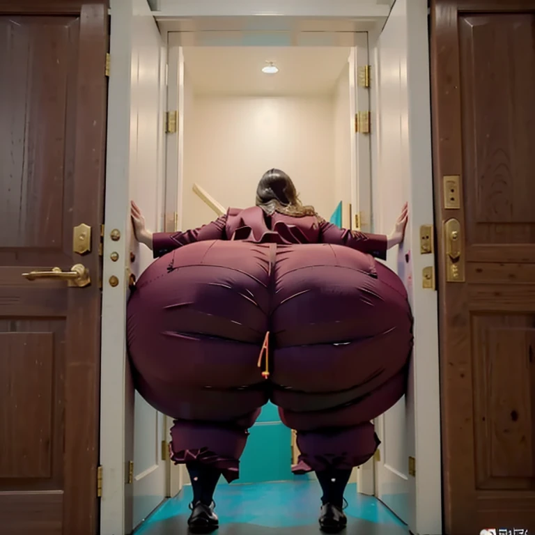 masterpiece, 1girl behind a doorway, from behind, (doorstuck, stuckbehind:1.3), ssbbw ,huge hips, round belly, thick thighs, giant butt,colorful clothing, wearing a maroon red suit and tie and formal pants, upset, desperately trying to wiggle through, she tries to free herself but she won't budge, she is stuck tight view from behind, she is too wide, the doorway is quite narrow too, she kicks her legs furiously, trying to wiggle her hips through the small door, but its no good, the door is too small, she keeps trying to squeeze through with frustration