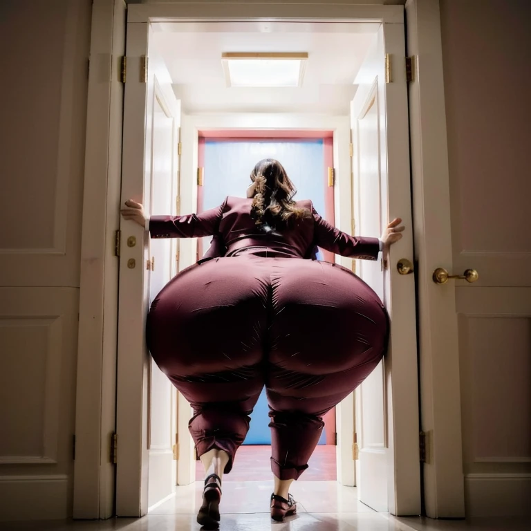 masterpiece, 1girl behind a doorway, from behind, (doorstuck, stuckbehind:1.3), ssbbw ,huge hips, round belly, thick thighs, giant butt,colorful clothing, wearing a maroon red suit and tie and formal pants, upset, desperately trying to wiggle through, she tries to free herself but she won't budge, she is stuck tight view from behind, she is too wide, the doorway is quite narrow too, she kicks her legs furiously, trying to wiggle her hips through the small door, but its no good, the door is too small, she keeps trying to squeeze through with frustration