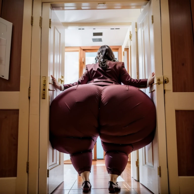 masterpiece, 1girl behind a doorway, from behind, (doorstuck, stuckbehind:1.3), ssbbw ,huge hips, round belly, thick thighs, giant butt,colorful clothing, wearing a maroon red suit and tie and formal pants, upset, desperately trying to wiggle through, she tries to free herself but she won't budge, she is stuck tight view from behind, she is too wide, the doorway is quite narrow too, she kicks her legs furiously, trying to wiggle her hips through the small door, but its no good, the door is too small, she keeps trying to squeeze through with frustration