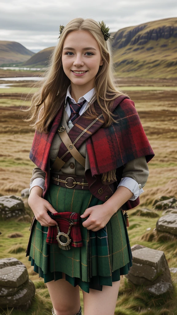 Front view, (looking at viewer:1.3), Full-body, standing ground, Scottish girl, 18 years-old, (blond hair , blew eye, middle hair, smile ),A beautiful Scottish woman wearing traditional Highland dress, including a tartan kilt and accessories like a sporran and sash, standing in a picturesque Scottish landscape. The scene should highlight the elegance and cultural richness of Scottish heritage,super detail, high details, high quality, accurate, anatomically correct, textured skin, beautiful fingers super detail, high details, high quality, best quality