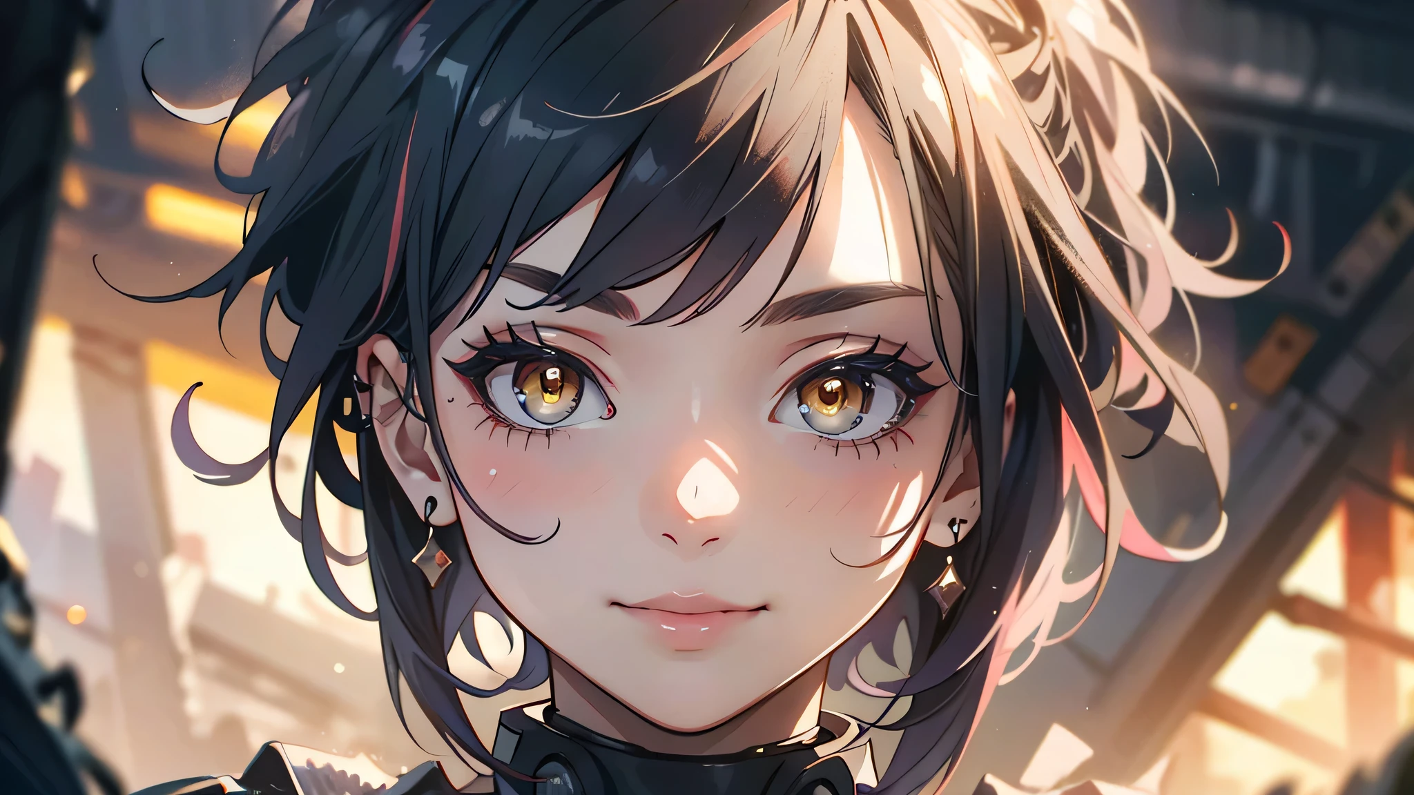 A young girl with a warm smile, pink short bob hairstyle with bangs at the top of the eyebrows, thin pink eyebrows, yellow eyes, in a cluttered AI-generated punk environment, (best quality,4k,8k,highres,masterpiece:1.2),ultra-detailed,(realistic,photorealistic,photo-realistic:1.37),concept art,highly detailed, vibrant colors, dramatic lighting