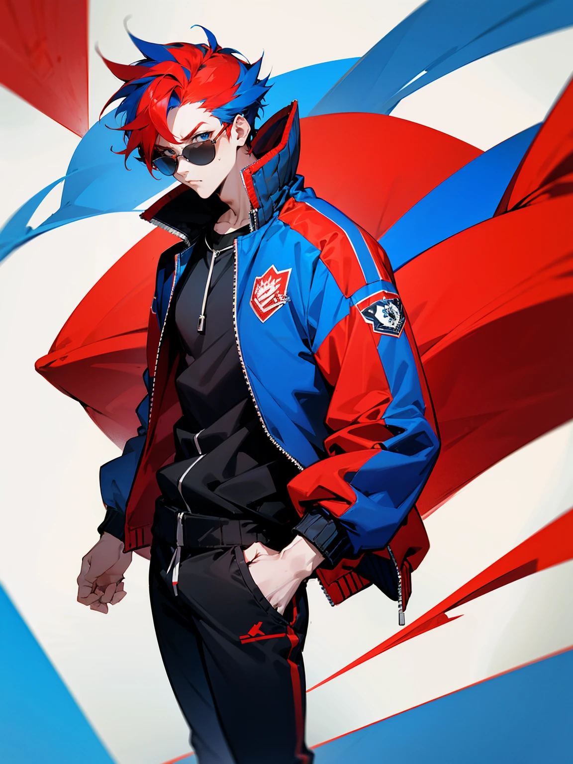 1male, adult, red and blue hair, two toned hair, red and blue varsity jacket, black sweatpants, serious, lean build, red sunglasses