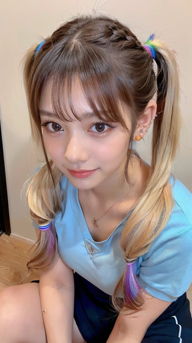 Portrait、bright look、ponytail、young shiny glossy white shiny skin、best looks、blonde reflection、Blonde hair with dazzling highlights、shiny bright hair,、Super long smooth straight hair、Shining beautiful bangs、Sparkling crystal clear charming big blue eyes、Very beautiful and lovely cute girl、rich bust、T-shirt、tight jeans、Japanese city scenery、