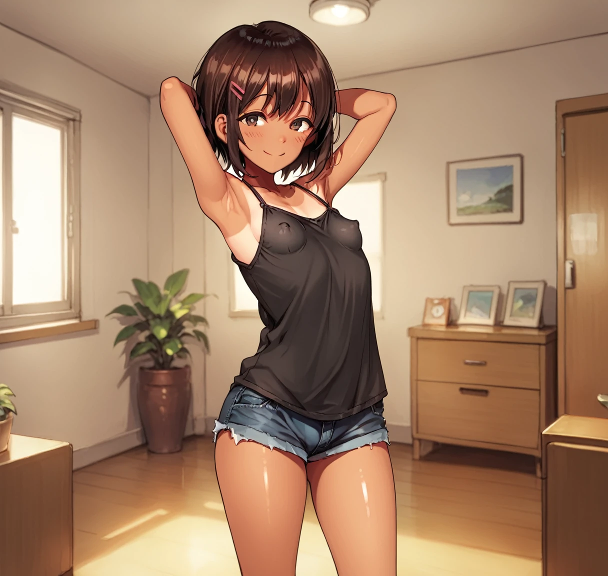 score_9, score_8_up, score_7_up, Motsuaki, source_anime, uncensored,
1girl, one-piece tan, small breasts, black camisole, brown eyes, smile, looking at viewer, standing, indoors, arms behind head, shorts, brown hair, medium hair, hair clip, erect nipples