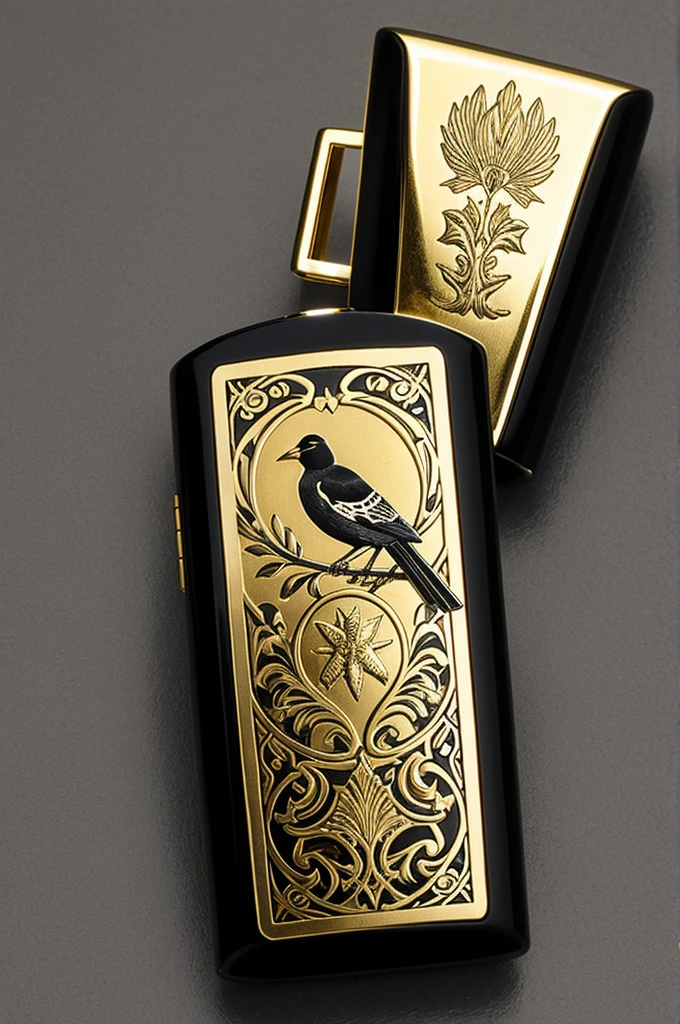 Black and gold lighter with magpie engraving
