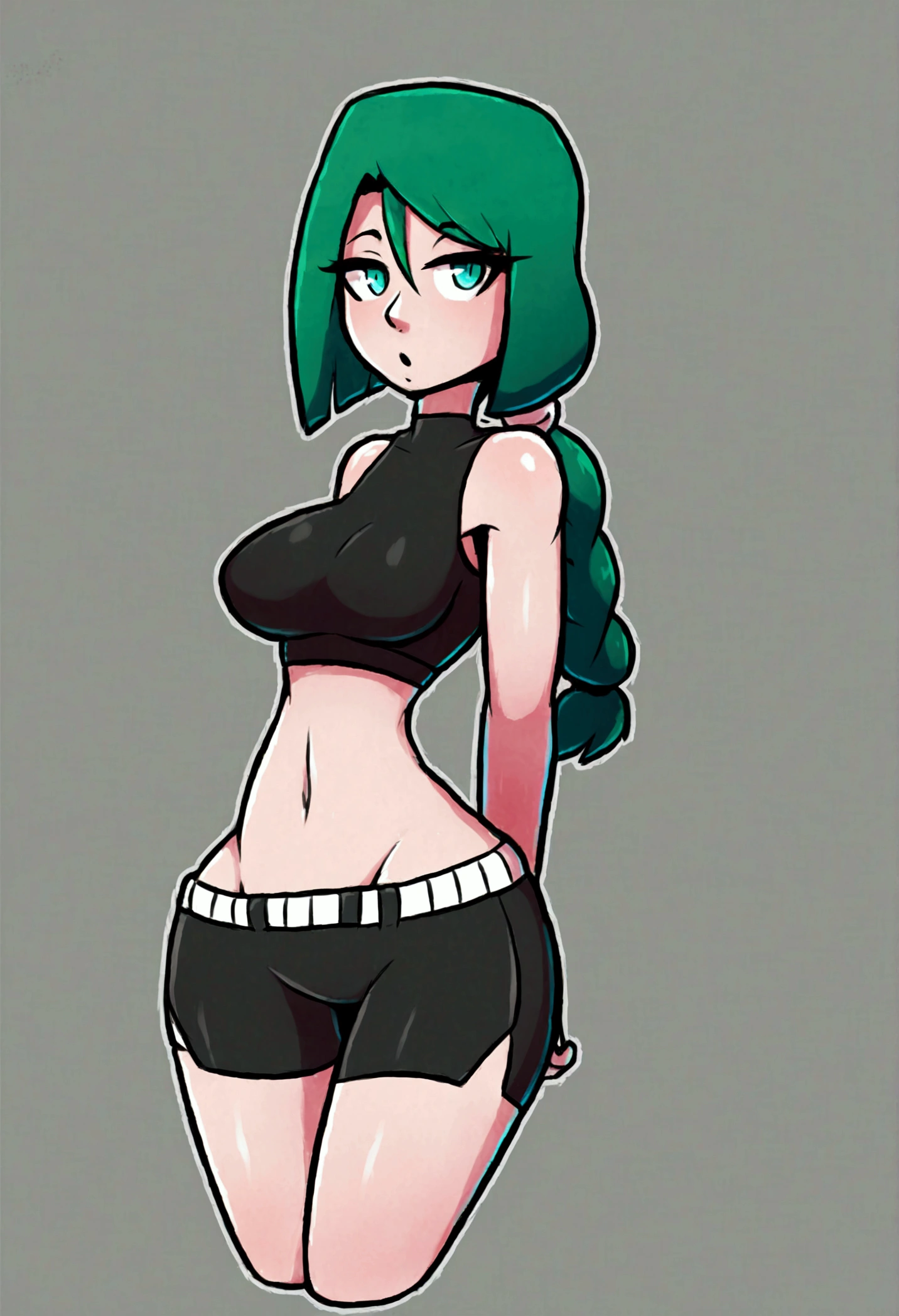 My name is Yashiro., I am a white test woman with long green hair , turquoise eye color . I am 1.62 cm tall and weigh 47 kg. My breasts measure 10 cm, my waist 40 cm and my hips 200 cm. Dressed in a tight, low-cut pink blouse along with short black shorts . With breasts 10 cm