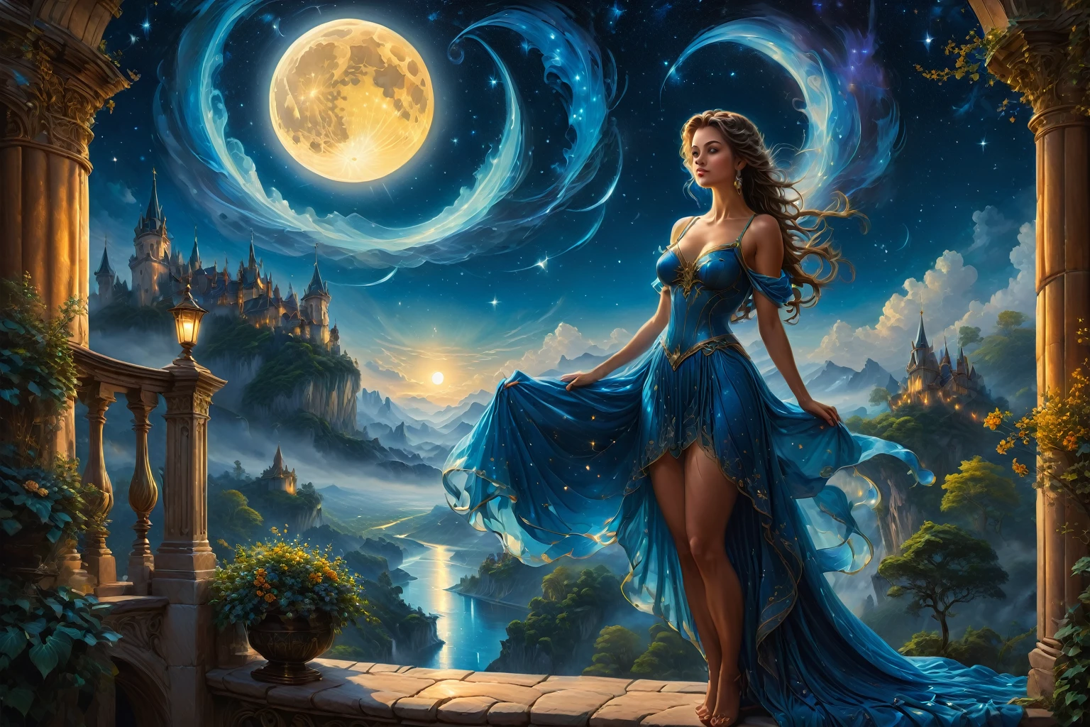 Painting of a beautiful woman in a blue dress, standing on the balcony in a graceful pose, the scene is illuminated by the moon in the starry sky, based on Evgeny Lushpin, romantic picture, beautiful art uhd 4k, Michael Horse (unreal engine, Fantasy Painting HD, Alexander Kucharsky, fantasy art realistic painting, inspired by Michael Cheval, beautiful painting in fantasy style, Fantastic scene, fantasy beautiful, dream landscape art, fairytale picture