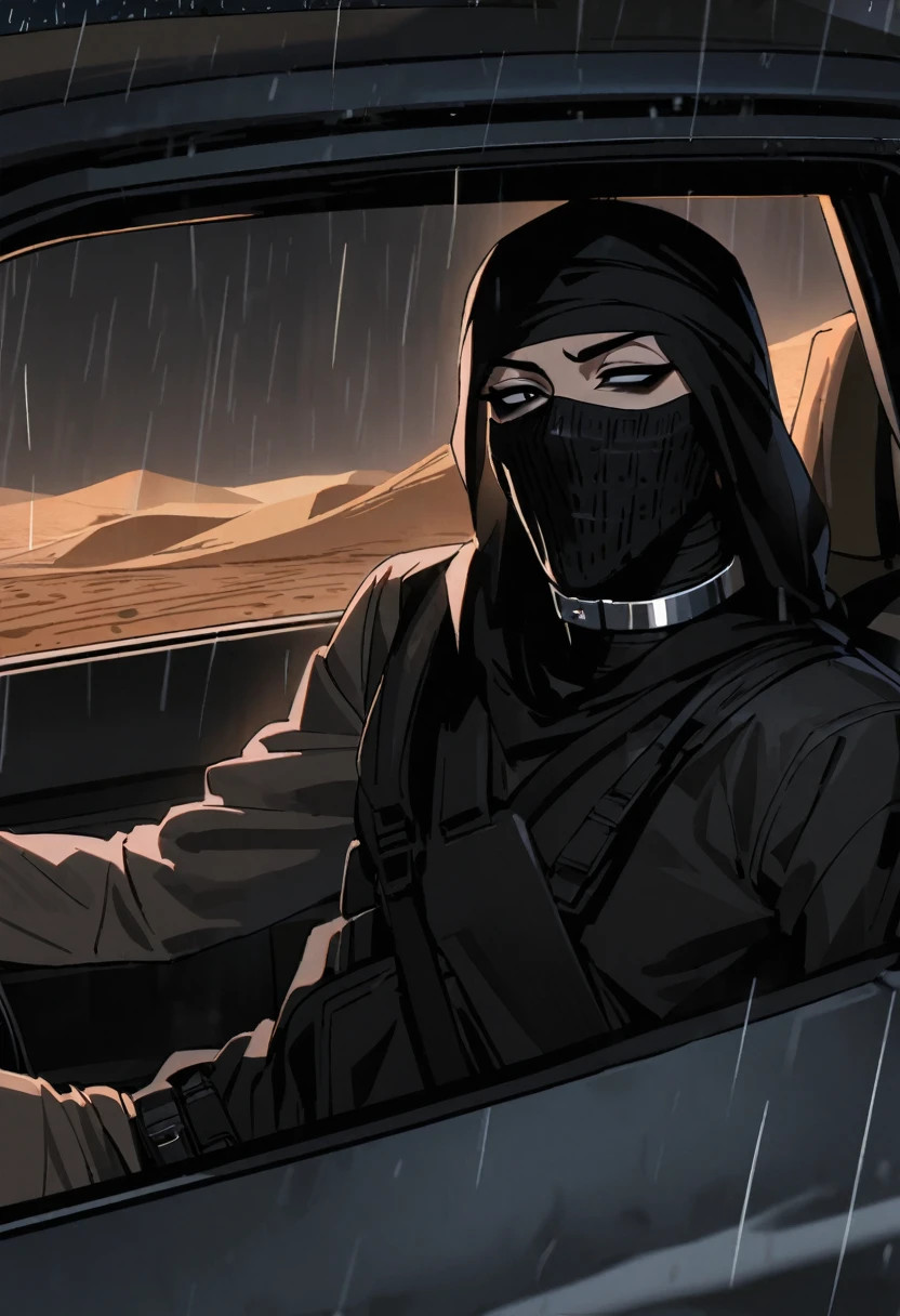 Male arab modern terrorist, terrorist, black balaclava, black bandage, black clothes, thin waist, skinny body, light skin, makeup, black eyeliner, big eyelashes, black eyeshadow, half open eyes, metal choker, inside the car, desert, night, rain
