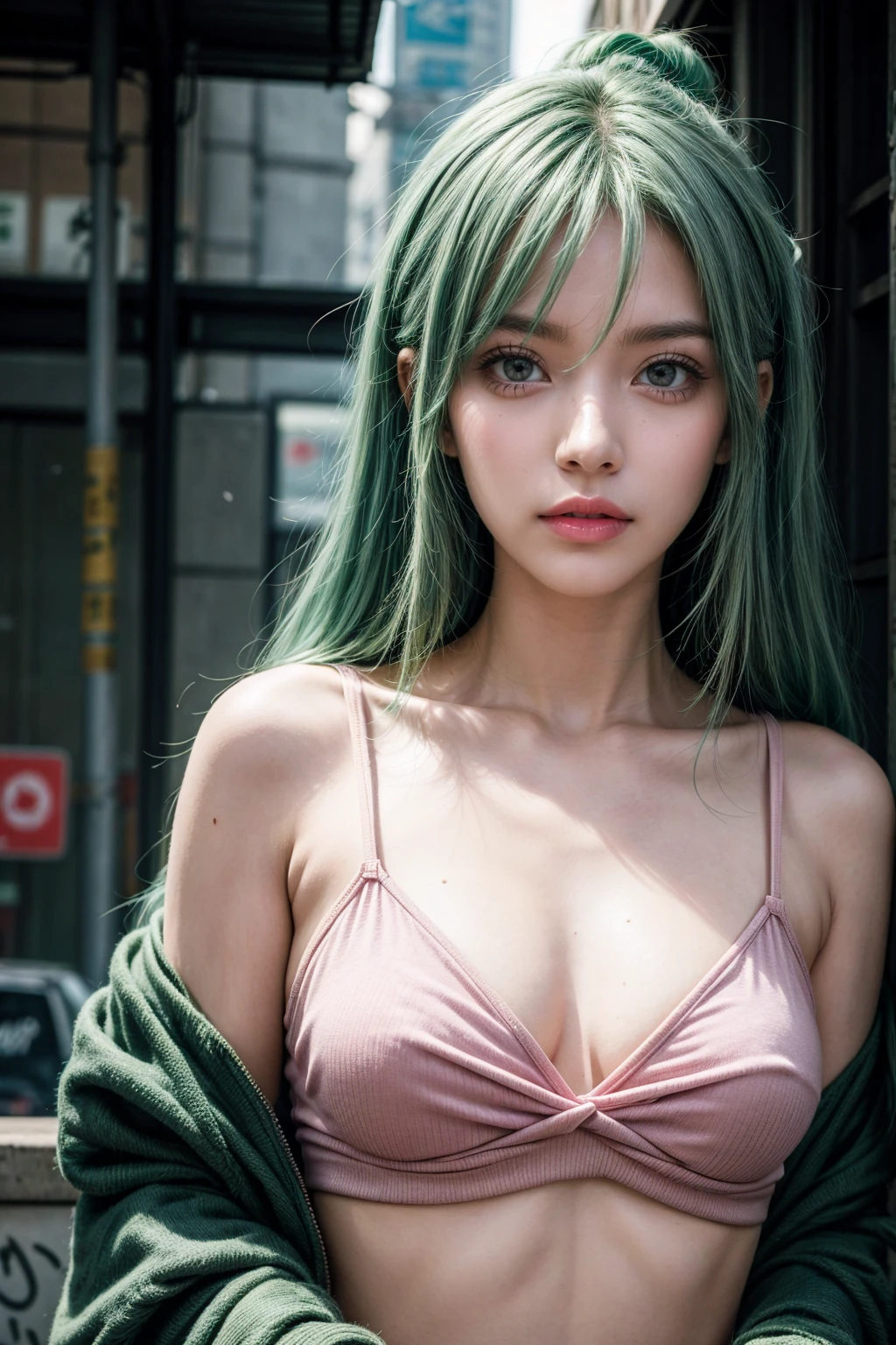 Miss, Realistic characters, Green hair pink hair, blue eyes, Japanese cartoons, Solitary, Modern, Cyberpunk