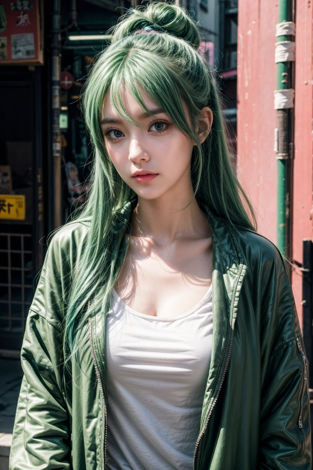 Miss, Realistic characters, Green hair pink hair, blue eyes, Japanese cartoons, Solitary, Modern, Cyberpunk