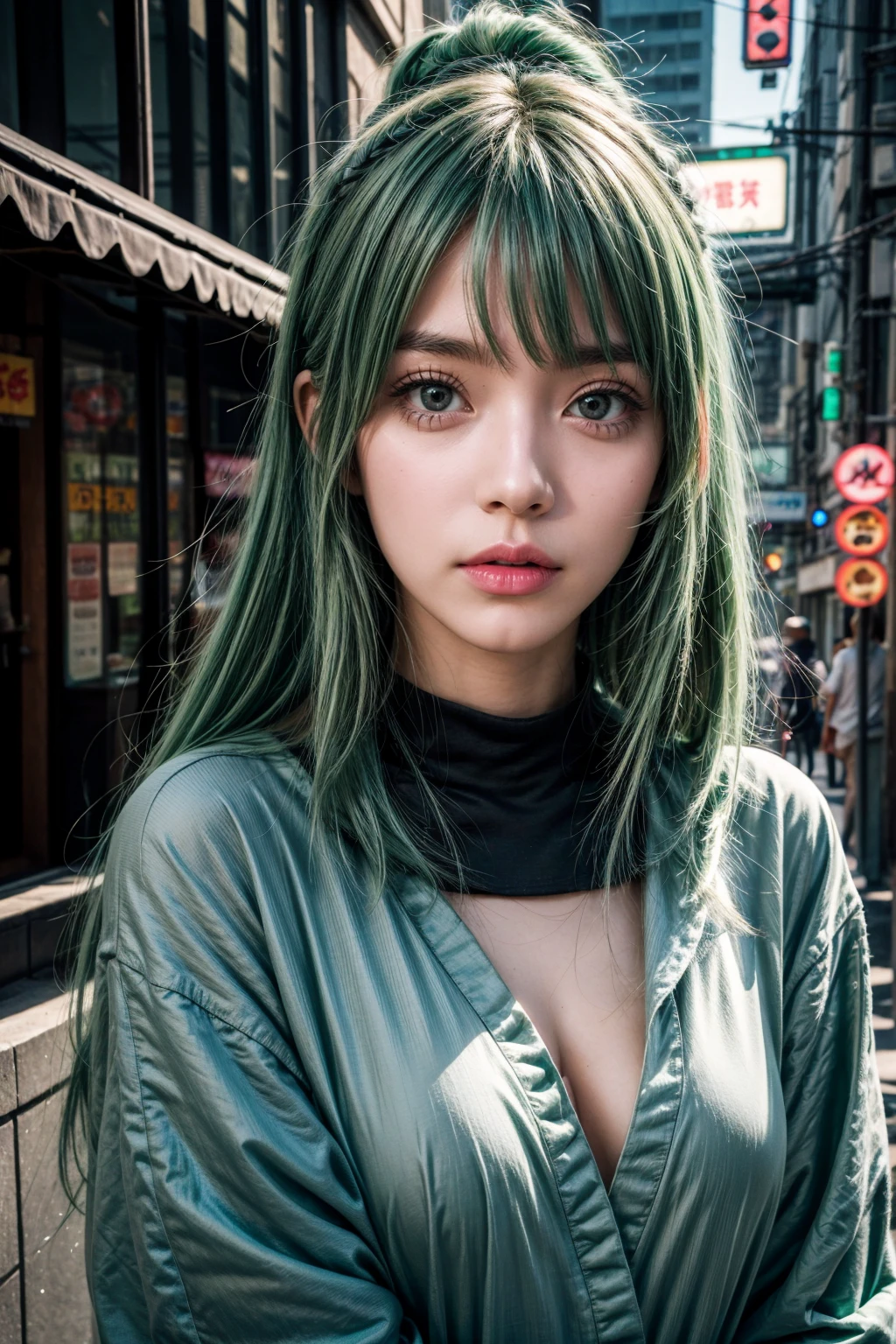 Miss, Realistic characters, Green hair pink hair, blue eyes, Japanese cartoons, Solitary, Modern, Cyberpunk