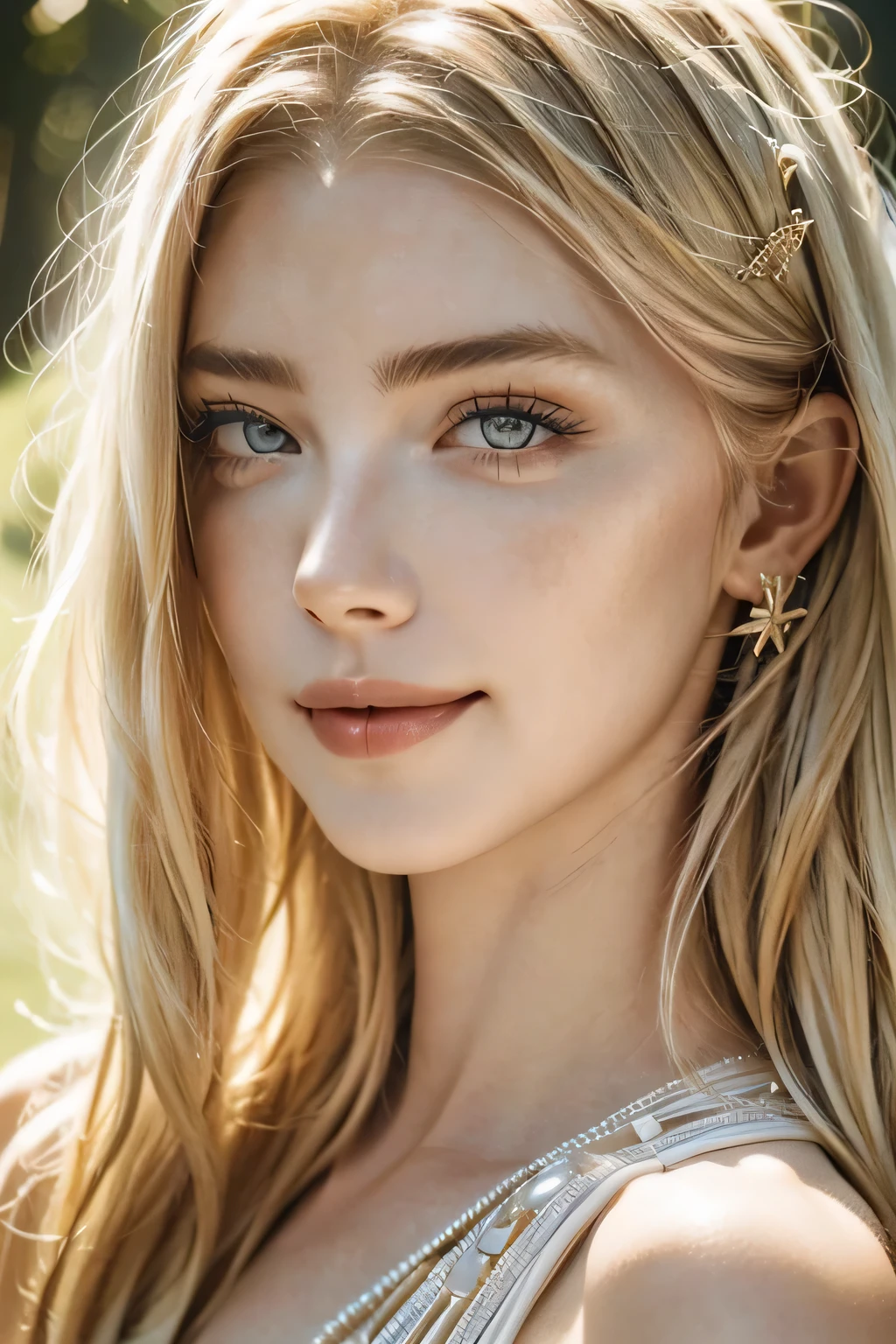 blonde woman, beautiful european features, Perfect eyes, slim, cara angelical, sensusl pose smiling, well defined skin, 8k, NIKON, defined depth, ultrarealism