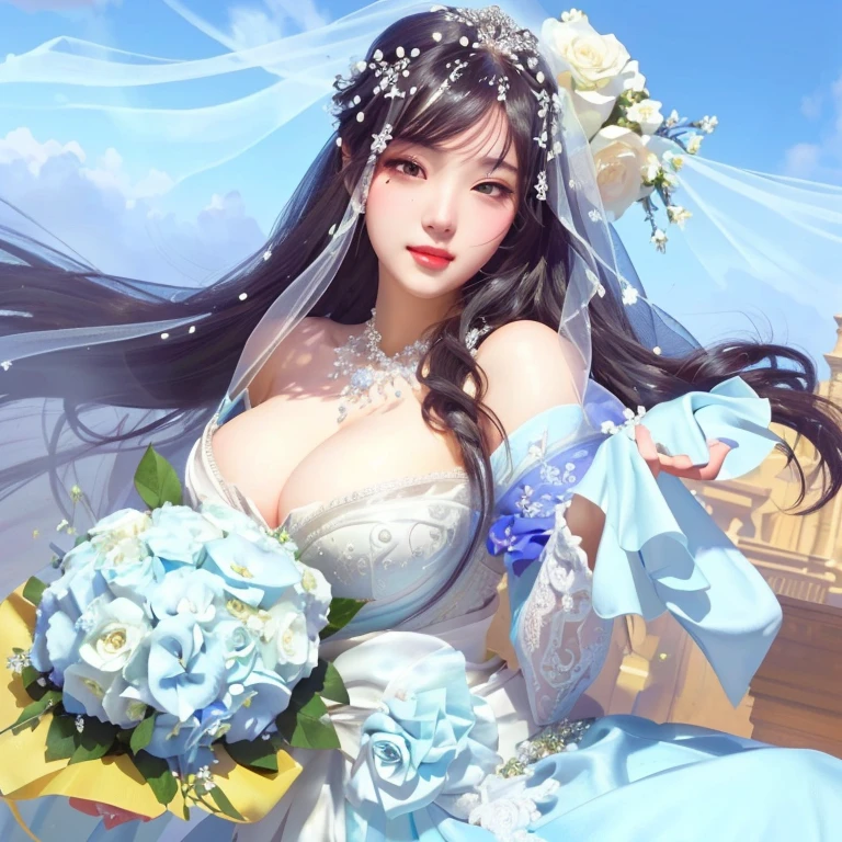 bride with veil and flowers in her hand, [ 4 k digital art ]!!, guweiz, ahegao, guweiz on pixiv artstation, guweiz on artstation pixiv, detailed digital art, pixiv, pixiv contest winner, marin kitagawa fanart, clean detailed art, top rated on pixiv, goddess