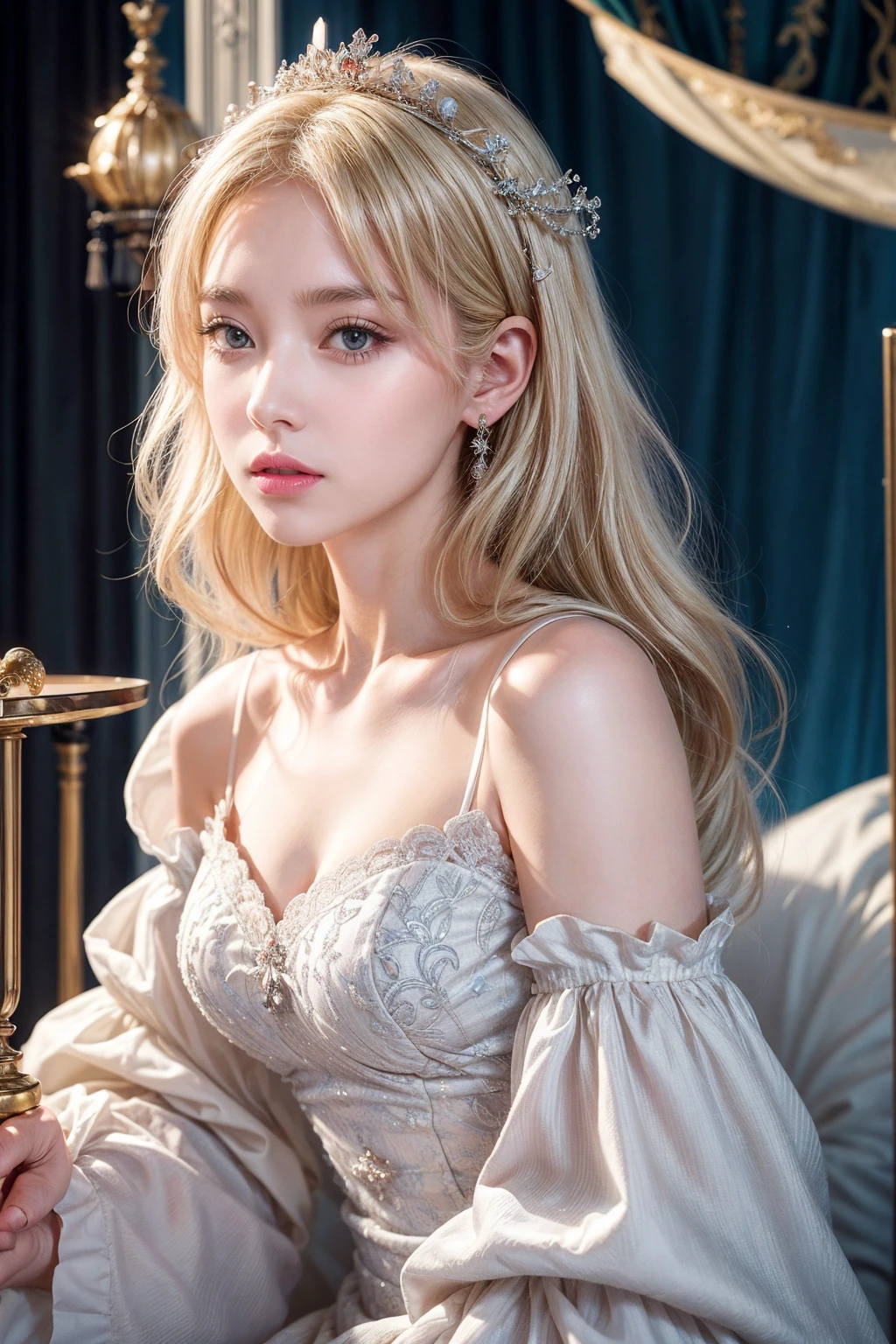 There was a woman in a white dress holding a music box, artwork in the style of Gu Weiss, Gu Weiss on pixiv artstation, Gu Weiss on artstation pixiv, Gu Weiss, Fantasy art style, Gu Weiss masterpiece, Beautiful and elegant queen, Beautiful character painting, Detailed digital anime art, Blonde Princess, White hair, Sky blue eyes, Pink lips