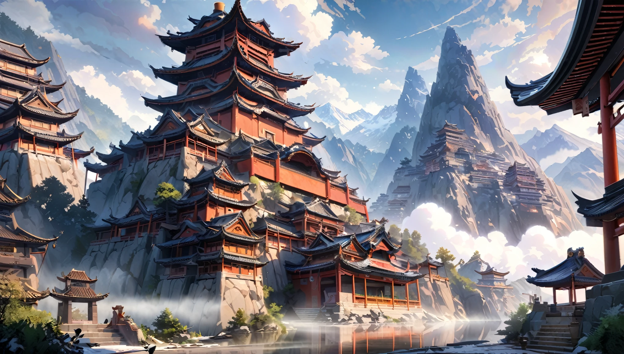  anime aestetics, anime landscape, view from the feet of the mountain, huge chinese sanctuary at the mountain, mountain covered in buildings, red walls. spiky roofs, ancient chinese architecture, transparent fog, big clouds, snowy mountaintops, mystic atmosphere, calm atmosphere, beautiful architecture, wide shot, atmospheric perspective, perspective, from below, 4K, 8k, best quality, award winning, super detail, masterpiece, UHD