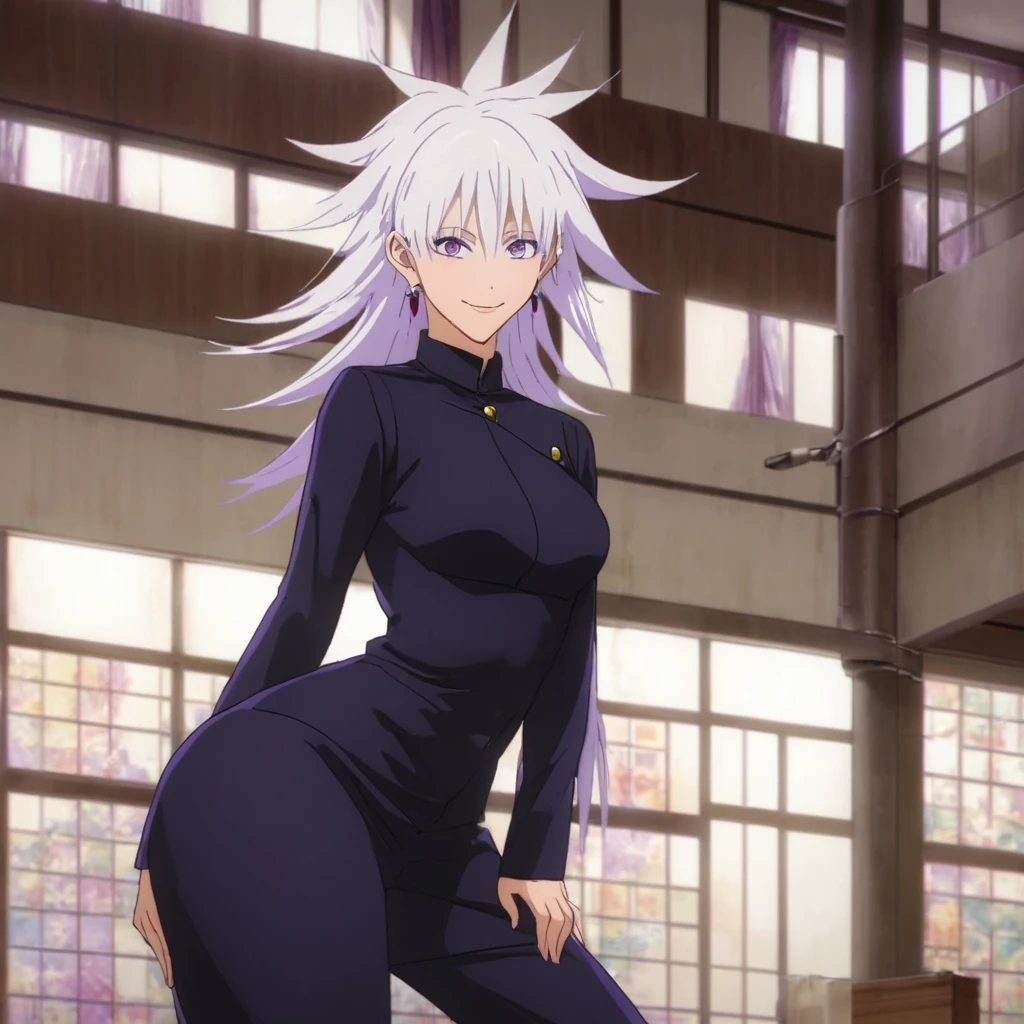1girl, female gojo satoru, anime screencap from jujutsu kaisen, gojo satoru female version, solo, long_hair, ((purple eyes)) ((White_hair, hair over ear from one side))((slicked hair)) , night view, (hanging breasts) upper_body, smile, indoors, book, lips, (long hair) ((wearing black colour outfit, glossy)) breast, "very detailed and high resolution" (purple eyes) ((solo)) (((front view))) (earings) ((high resolution)) ((good quality)) ((silky hair, hair over ear from one side))((hair slicked)) ((shy))